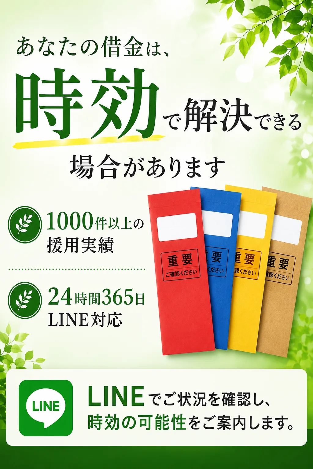 あなたの借金は時効で解決できる場合があります。時効援用1000件以上、24時間365日LINE受付
