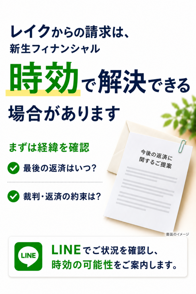 レイクからの請求は時効で解決できる場合があります。今後の返済に関するご提案をモチーフにした解説画像。