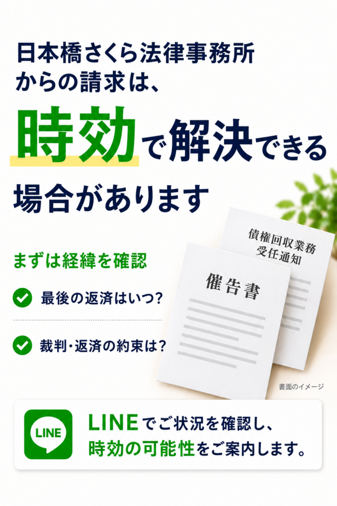 日本橋さくら法律事務所からの請求は時効で解決できる場合があります。催告書・債権回収業務受任通知をモチーフにした解説画像。
