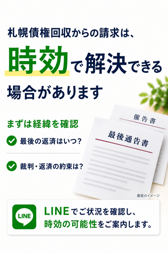 札幌債権回収からの請求は時効で解決できる場合があります。最後通告書・催告書をモチーフにした解説画像。