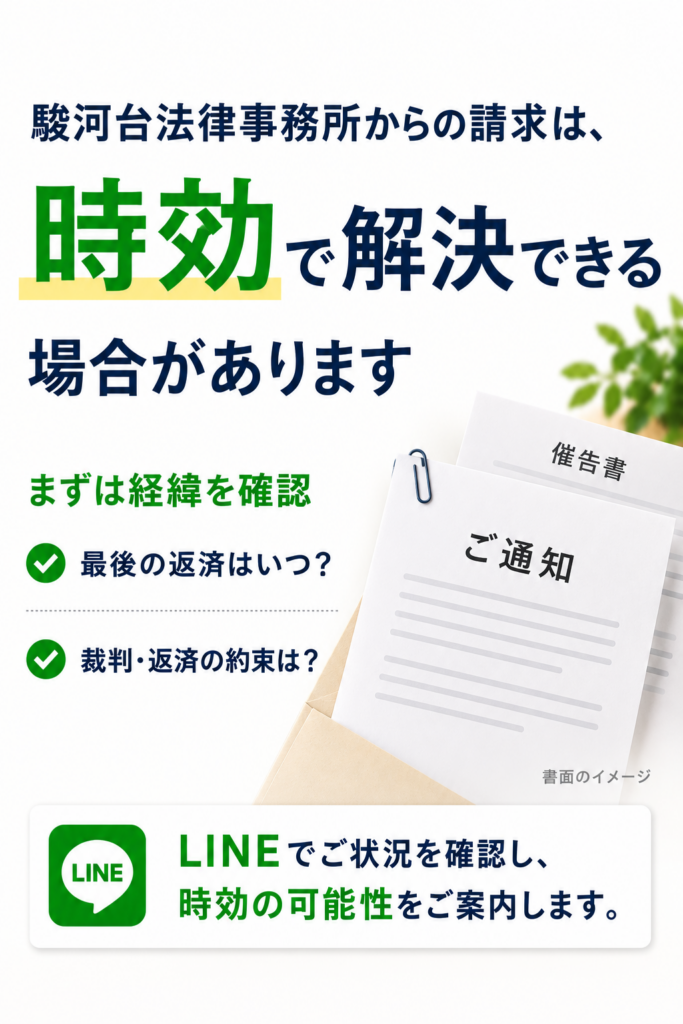 駿河台法律事務所からの請求は時効で解決できる場合があります。ご通知・催告書をモチーフにした解説画像。