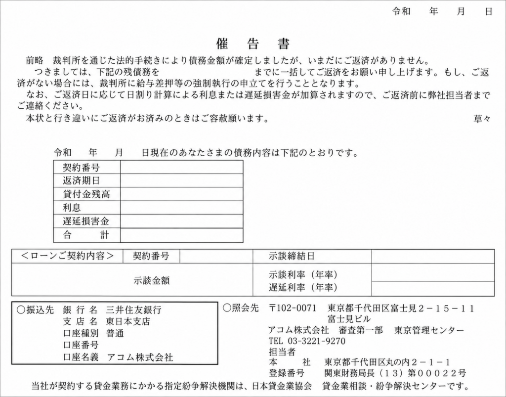 アコム 裁判手続き後の催告書（個人情報を除いた掲載用加工サンプル）