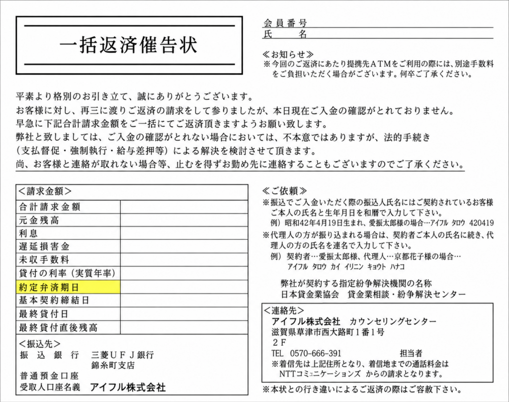 アイフル 一括返済催告状（個人情報を除いた掲載用加工サンプル）