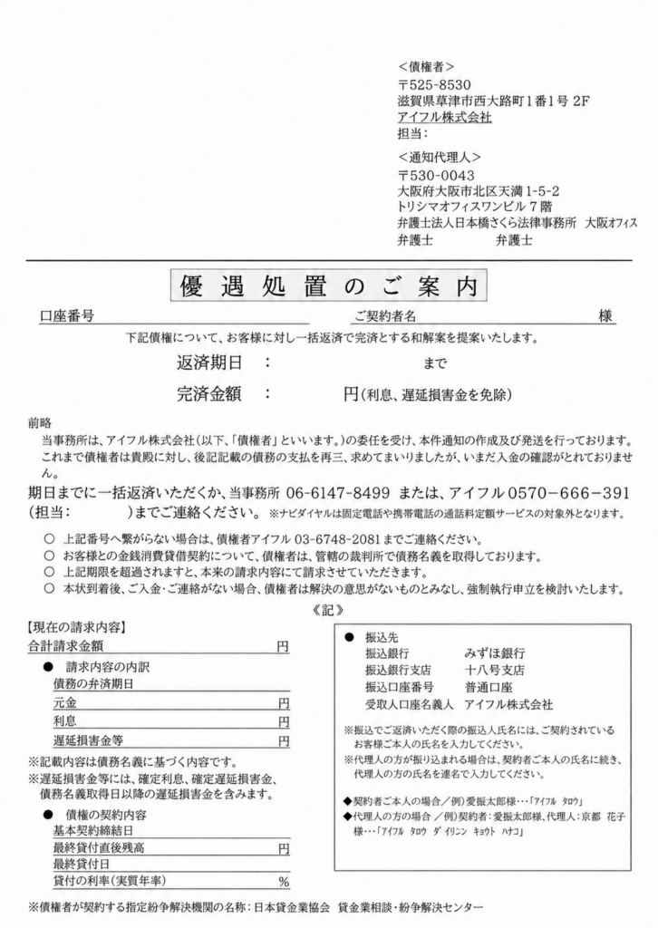 日本橋さくら法律事務所 アイフルに関する通知（個人情報を除いた掲載用加工サンプル）